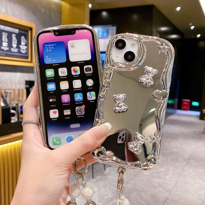 Heart Mirror Back Cover With Beads Bracelet Phone Case for iPhone 17 Air 16 15 14 13 12 11 Pro Max Plus X Xr