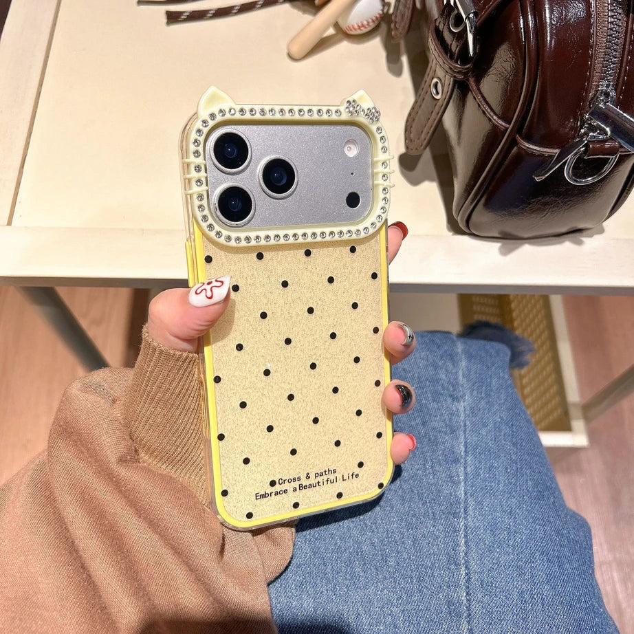 Cute Kitty Rhinestone Protective Cover Polka Dots Phone Case for iPhone 17 Air 16 15 14 13 12 11 Pro Max Plus
