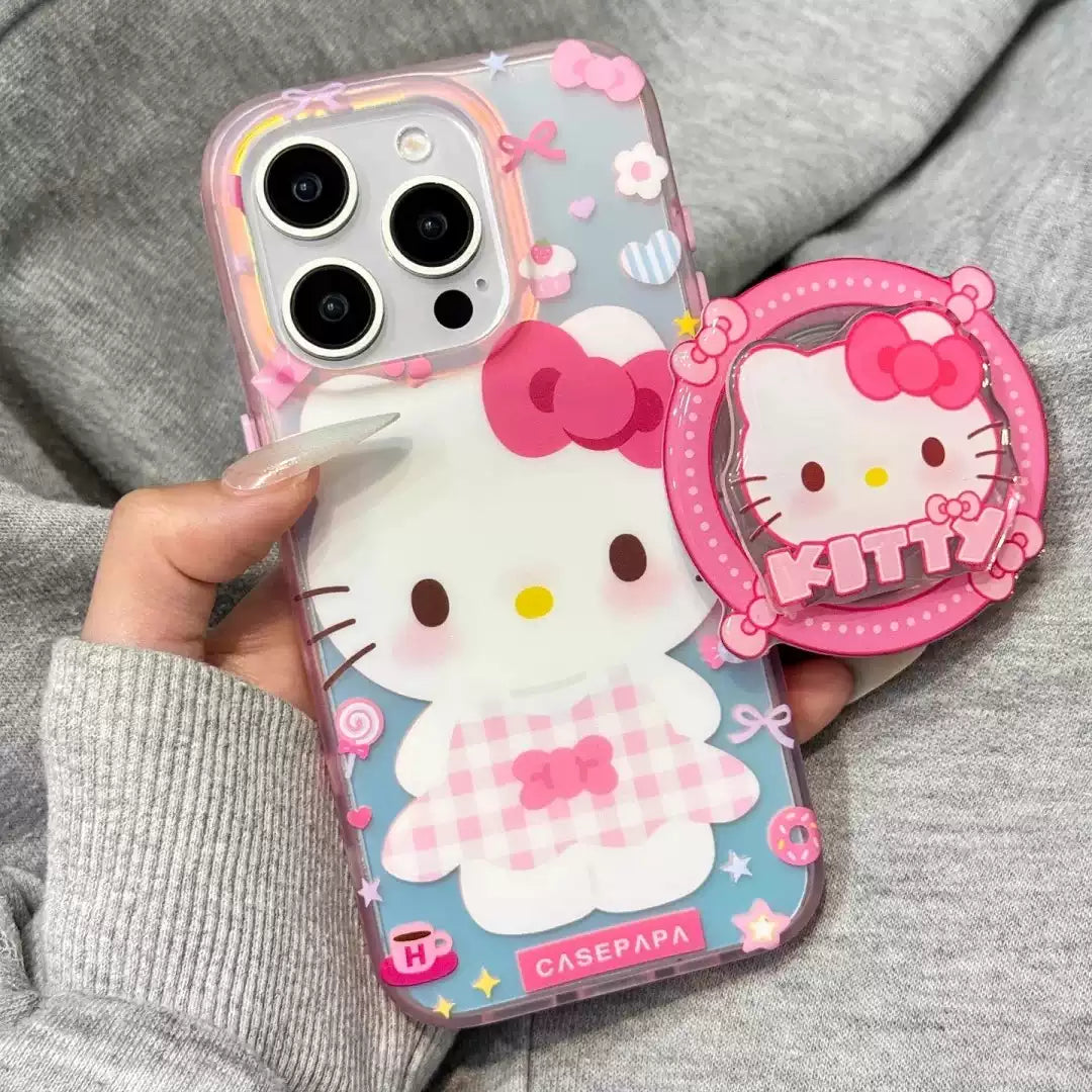 Rotating Kitty Pink Plaid Magnetic Phone Case
