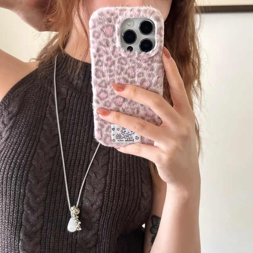 Cute Kitty Leopard Print Velvet Plush Phone Case for iPhone 17 16 15 14 13 Series