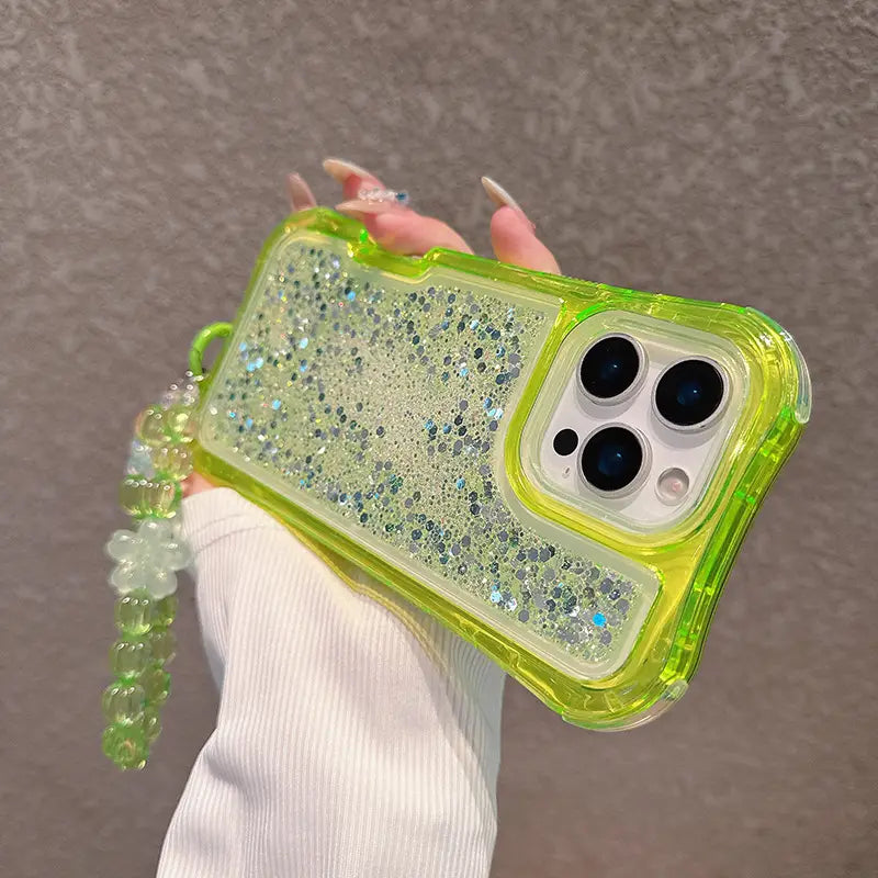 Candy Color Glitter Curvy Waist Phone Case For iPhone Shiny Lanyard Back Cover