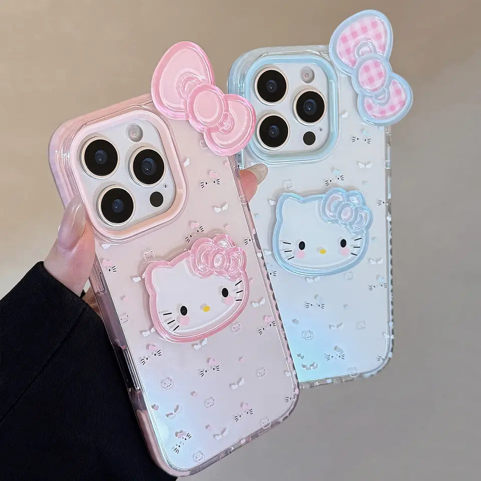 [No Plus Model] 3D Bowknot Cartoon Kitty Clear Phone Case for iPhone