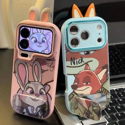 Cute Rabbit Fox With Makeup Mirror Kickstand Cartoon Phone Case For All iPhone 17 Air Pro Max 16 Pro 15 14 13 12 11 Plus Cute Zootop Animals