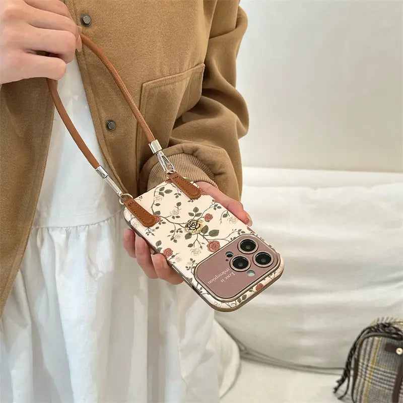 [No Plus Model] Floral Rose Camellia Leather Buckle Lanyard Phone Case for iPhone