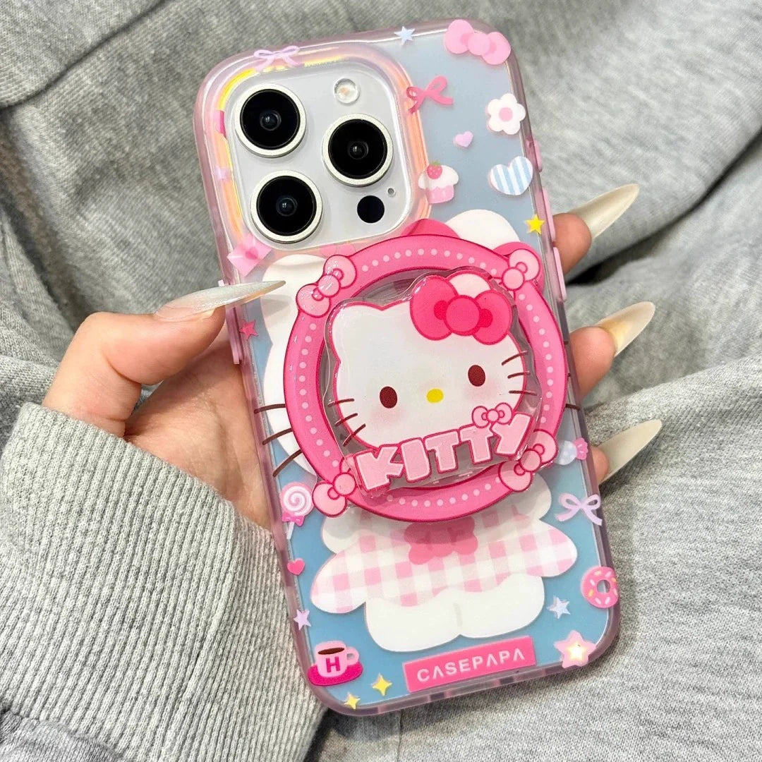 Rotating Kitty Pink Plaid Magnetic Phone Case