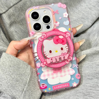 Rotating Kitty Pink Plaid Magnetic Phone Case