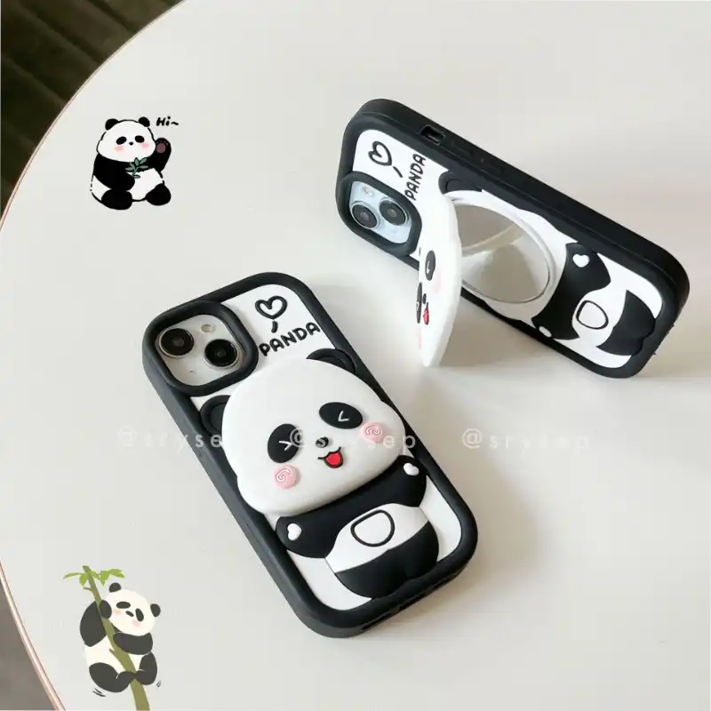 Panda Makeup Mirror Phone Case For iPhone Cute Back Cover