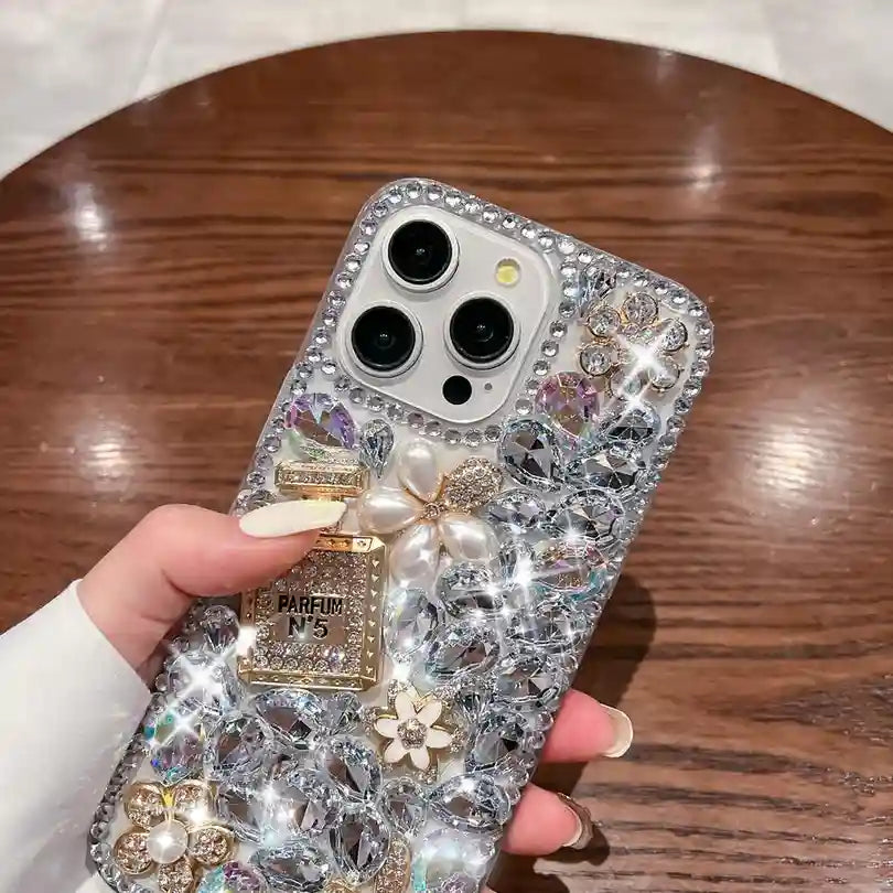 Perfume Bottle Pearl Sparkling Rhinestone Phone Case For iPhone Glitter Diamond Back Cover