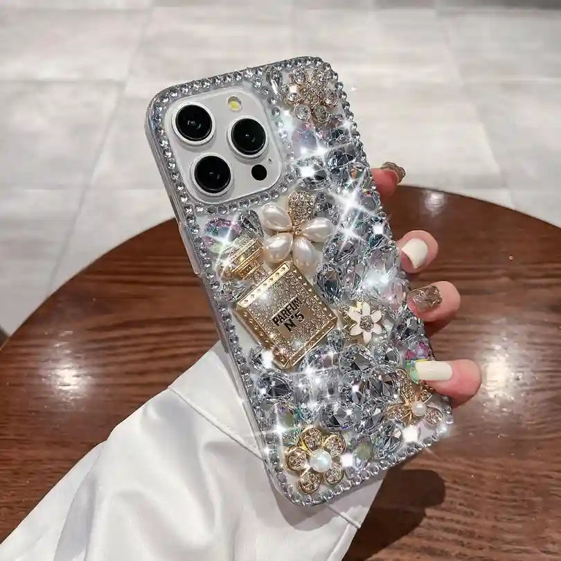 Perfume Bottle Pearl Sparkling Rhinestone Phone Case For iPhone Glitter Diamond Back Cover