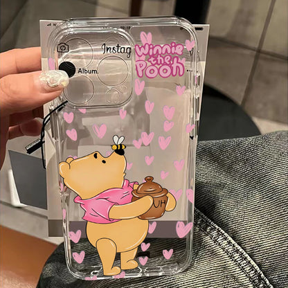 Cute Cartoon Pooh Bear Clear Phone Case For iPhone 17 16 16e 15 14 13 12 11 Mini Pro Max X XR 7 8 Air Plus Transparent Back Cover