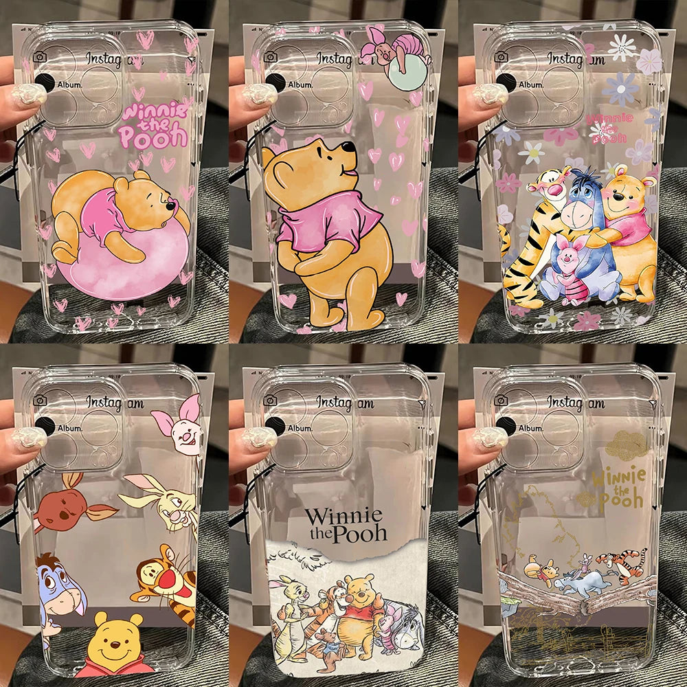 Cute Cartoon Pooh Bear Clear Phone Case For iPhone 17 16 16e 15 14 13 12 11 Mini Pro Max X XR 7 8 Air Plus Transparent Back Cover