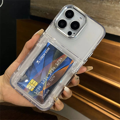 Transparent Card Slot Bag Holder Phone Case For iPhone 15 14 13 11 12 16 17 Pro Max Shockproof Protection Hard Acrylic Cover