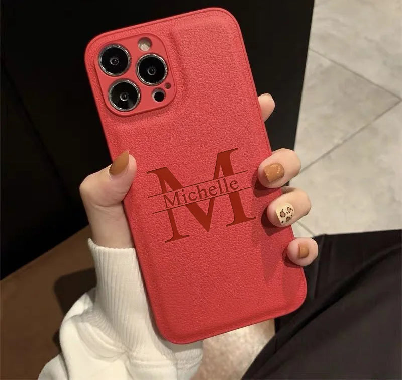 Personalized Customized Initials Name Case For iPhone 17 16 15 14 13 12 11 Pro Max Plus Big Letter Laser Engraving Leather Cover