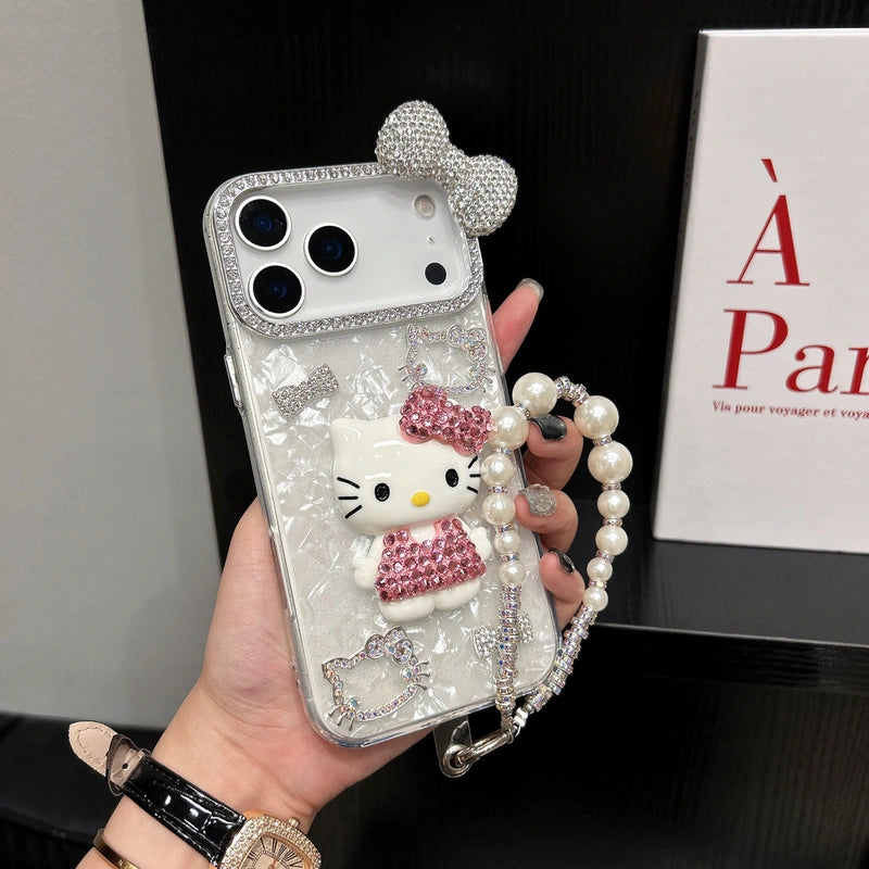 Cartoon Diamonds Pink 3D Kitty Phone Case For iPhone 17 16 15 14 13 12 11 Pro Max Bling Glitter TPU Clear Back Cover with Charm