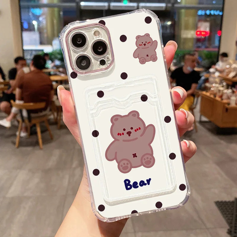 Cute Dinosaur Silicone Phone Case For iPhone 15 13 17 11 12 14 16 Pro Max 7 8 Plus XR XS SE 2020 Card Slot Bag Holder Soft Cover