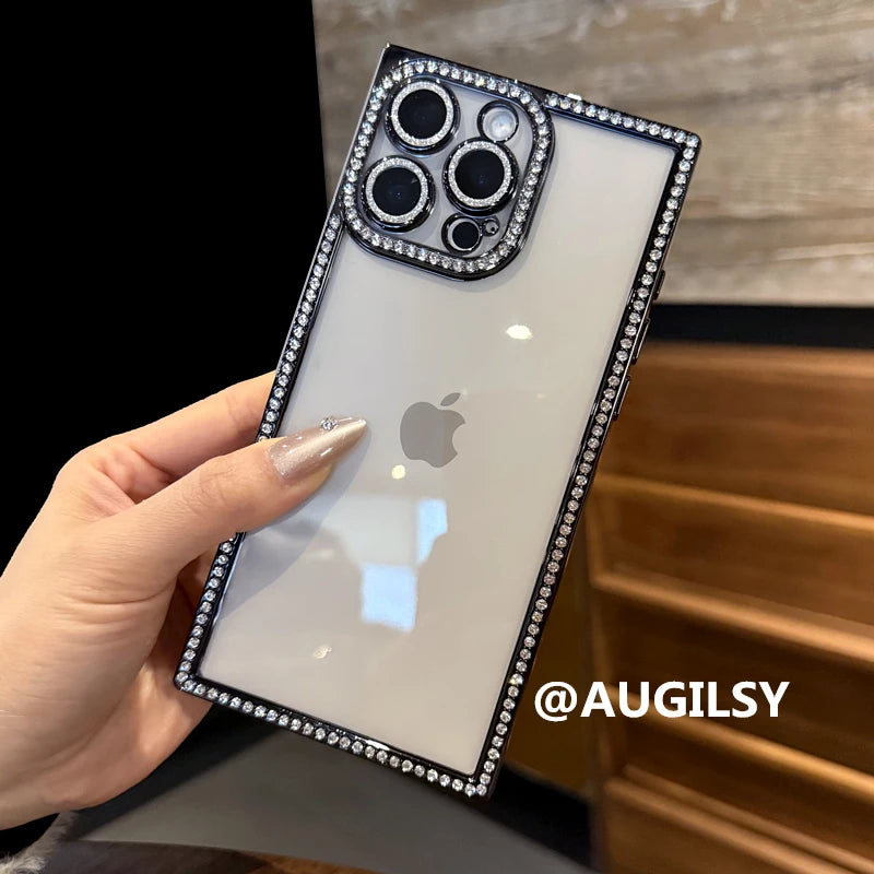 Luxury Plating Diamond Rhinestone Case For iPhone 17 Air 16 Pro Max 15 14 13 Bling Glitter Square Soft Clear Shockproof Cover
