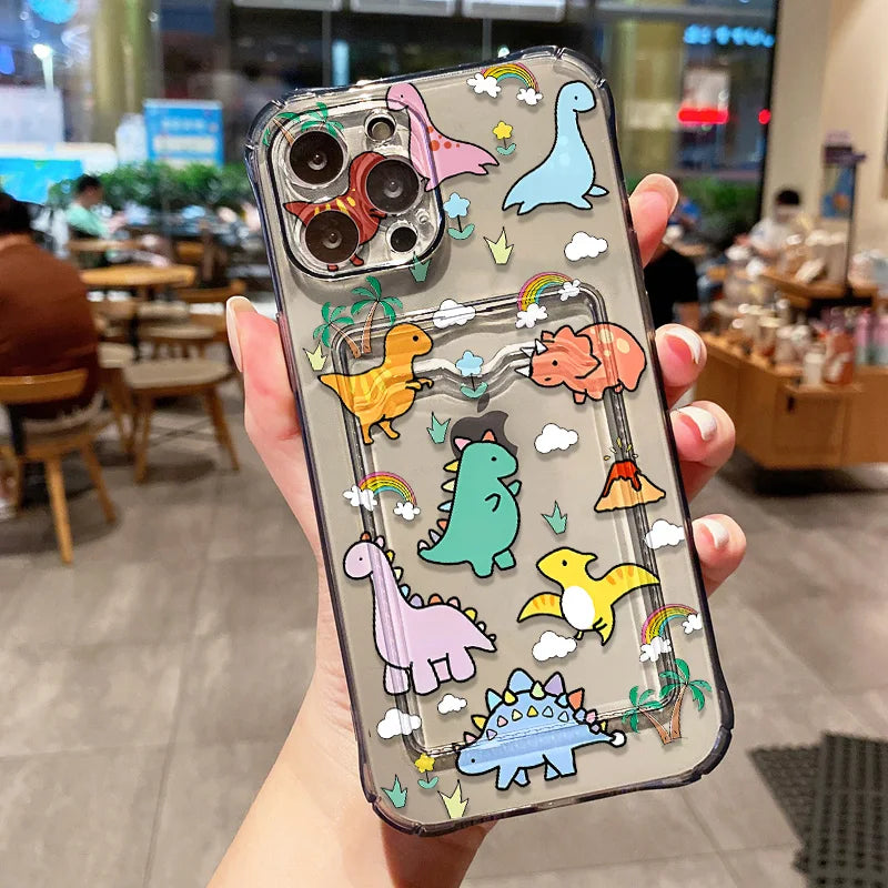 Cute Dinosaur Silicone Phone Case For iPhone 15 13 17 11 12 14 16 Pro Max 7 8 Plus XR XS SE 2020 Card Slot Bag Holder Soft Cover