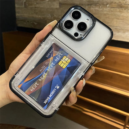 Transparent Card Slot Bag Holder Phone Case For iPhone 15 14 13 11 12 16 17 Pro Max Shockproof Protection Hard Acrylic Cover