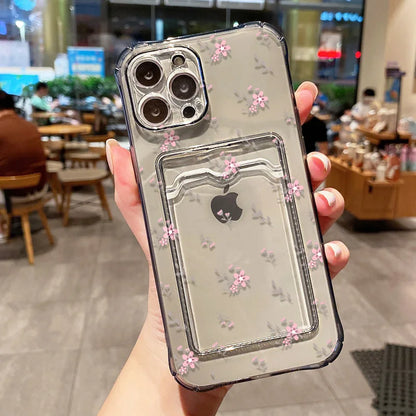 Étui souple transparent avec porte-cartes pour iPhone 13, 11, 16e, 15, 12, 14, 17, 16 Pro Max, 7 Plus, XR et SE. Motif floral esthétique.