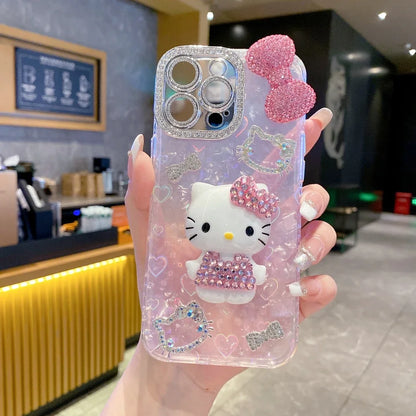 Cartoon Diamonds Pink 3D Kitty Phone Case For iPhone 17 16 15 14 13 12 11 Pro Max Bling Glitter TPU Clear Protective Back Cover