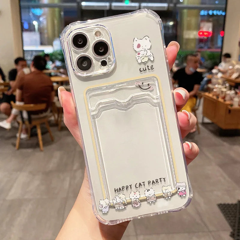 Étui souple transparent avec porte-cartes pour iPhone 13, 11, 16e, 15, 12, 14, 17, 16 Pro Max, 7 Plus, XR et SE. Motif floral esthétique.