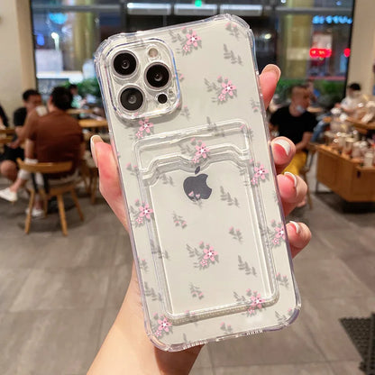 Étui souple transparent avec porte-cartes pour iPhone 13, 11, 16e, 15, 12, 14, 17, 16 Pro Max, 7 Plus, XR et SE. Motif floral esthétique.