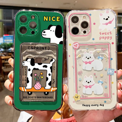 Étui transparent avec porte-cartes pour iPhone 13 15 16 11 17 12 14 Pro Max XR XS X 7 8 Plus SE - Motif chien mignon
