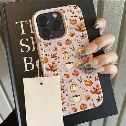 Cute Autumn Pumpkin Coffee Illustration Phone Case For iPhone 11 12 13 14 15 16 17 Pro Max Plus 17 Air X XR XS Shockproof Back Cover Silicone Protective iPhone Case
