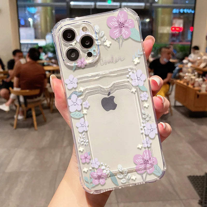 Étui souple transparent avec porte-cartes pour iPhone 13, 11, 16e, 15, 12, 14, 17, 16 Pro Max, 7 Plus, XR et SE. Motif floral esthétique.
