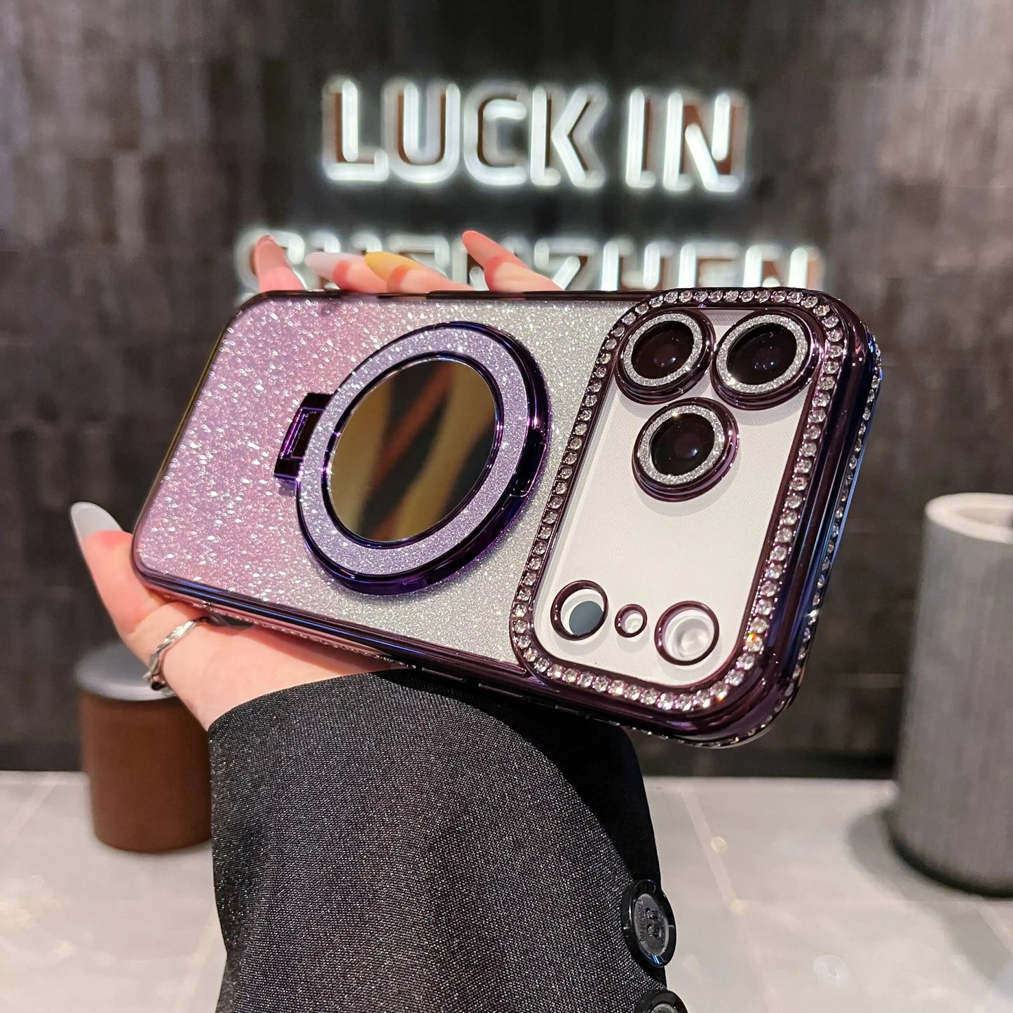 Fashion Glitter Diamond Mirror Phone Case For iPhone 17 16 15 14 13 12 11 Pro Max Plus 17Pro 17 Air Shockproof Stand Back Cover