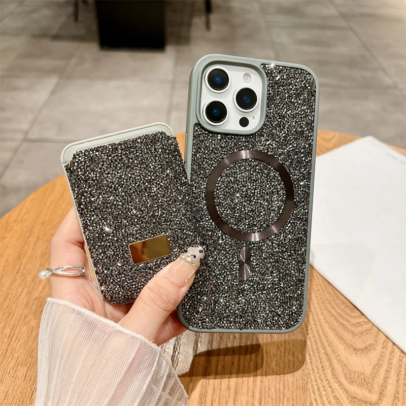 Luxury Flash Diamond Magnetic Card Case Phone Case For iPhone 17 16 15 14 13 12 Pro Max Plus Wireless Charging Shockproof Cover