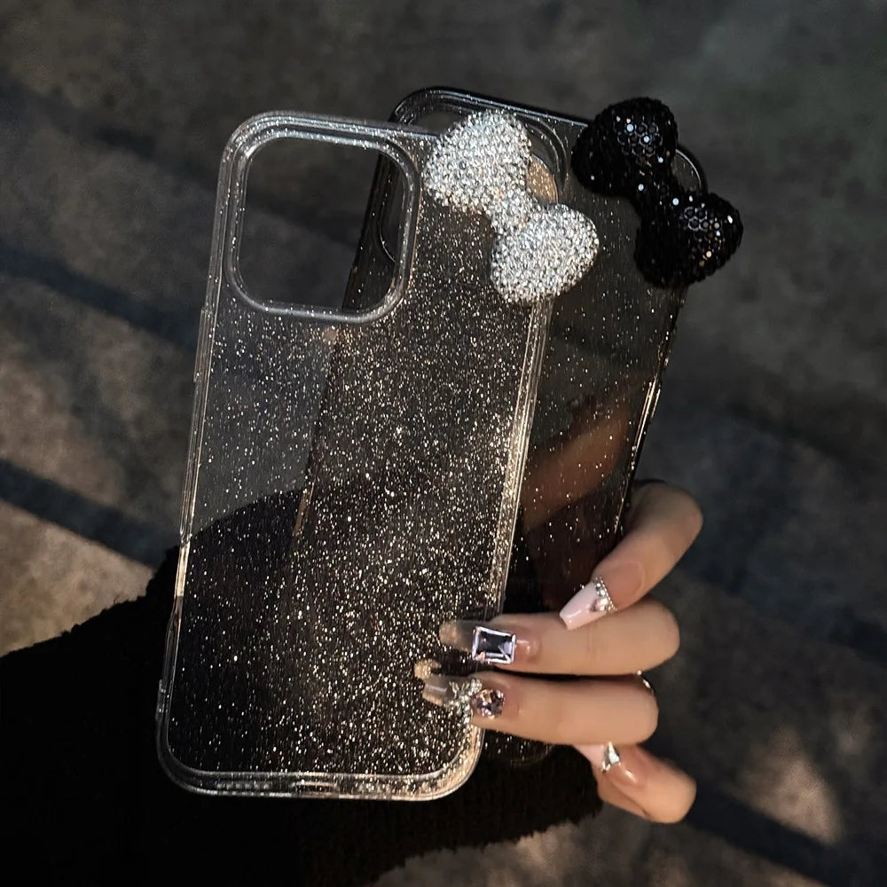 Coque de luxe à paillettes et strass 3D pour iPhone 17, 16, 15, 14, 13, 12, 11 Pro Max, X, XR Plus. Joli nœud papillon, protection souple antichoc.