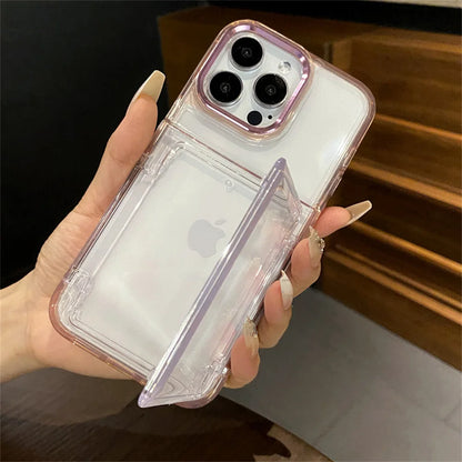 Transparent Card Slot Bag Holder Phone Case For iPhone 15 14 13 11 12 16 17 Pro Max Shockproof Protection Hard Acrylic Cover