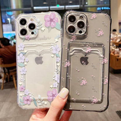 Étui souple transparent avec porte-cartes pour iPhone 13, 11, 16e, 15, 12, 14, 17, 16 Pro Max, 7 Plus, XR et SE. Motif floral esthétique.