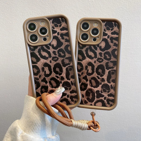 Leopard Print Pattern With Lanyard Case For iPhone 17 16 15 14 13 12 11 Pro Max X XR XS 7 8 Plus Shockproof Silicone Soft Cover
