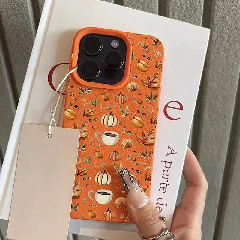 Cute Autumn Pumpkin Coffee Illustration Phone Case For iPhone 11 12 13 14 15 16 17 Pro Max Plus 17 Air X XR XS Shockproof Back Cover Silicone Protective iPhone Case