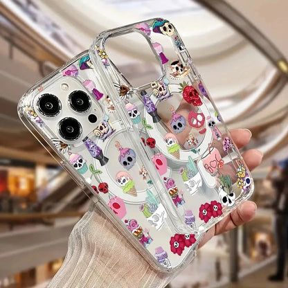 Coque de téléphone avec motif squelette créatif pour iPhone 17, 16, 15, 14, 13, 12, 11 Pro Max, 16e, 7, 8 Plus, X, XR - Coque magnétique transparente en polycarbonate - Thème Halloween