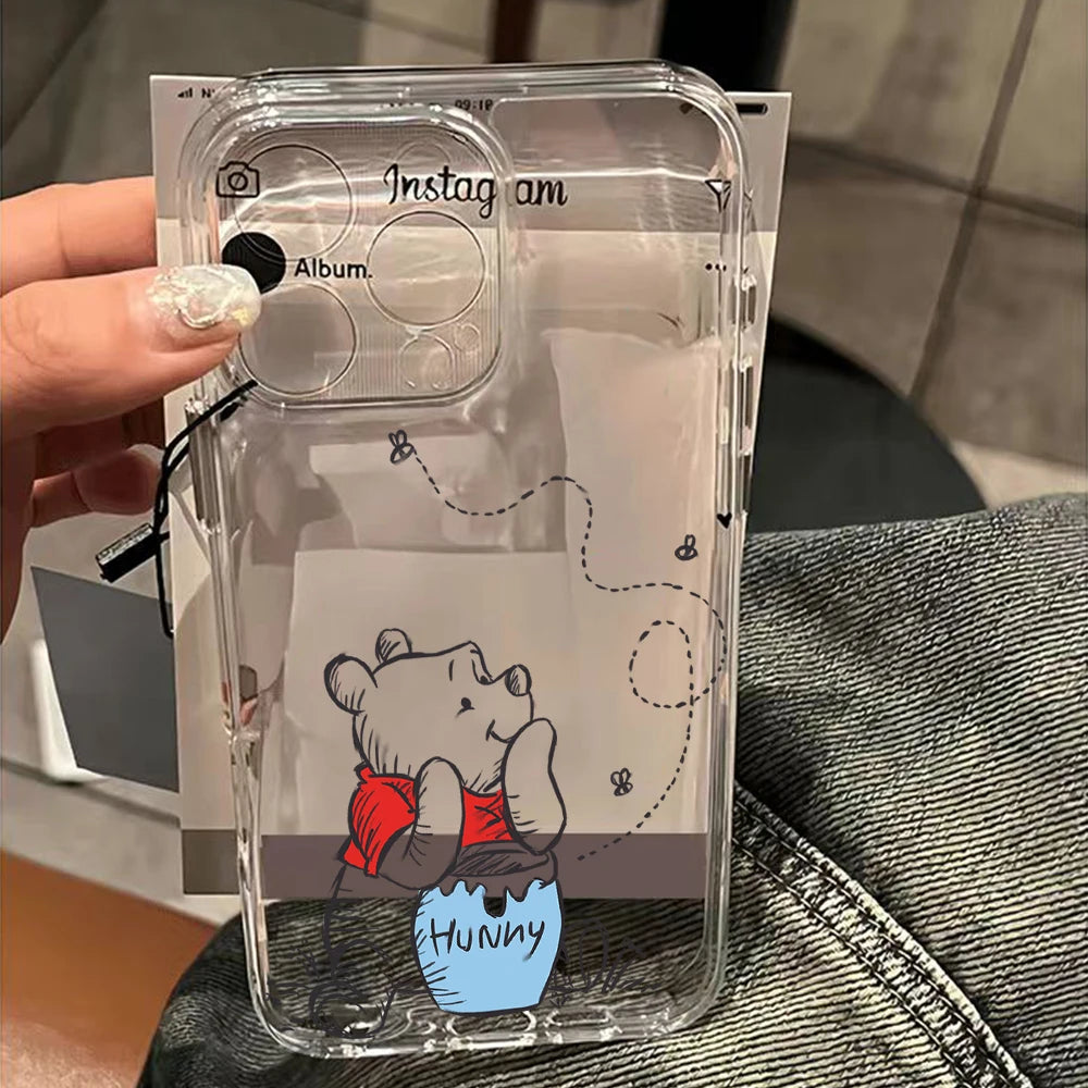 Cute Cartoon Pooh Bear Clear Phone Case For iPhone 17 16 16e 15 14 13 12 11 Mini Pro Max X XR 7 8 Air Plus Transparent Back Cover