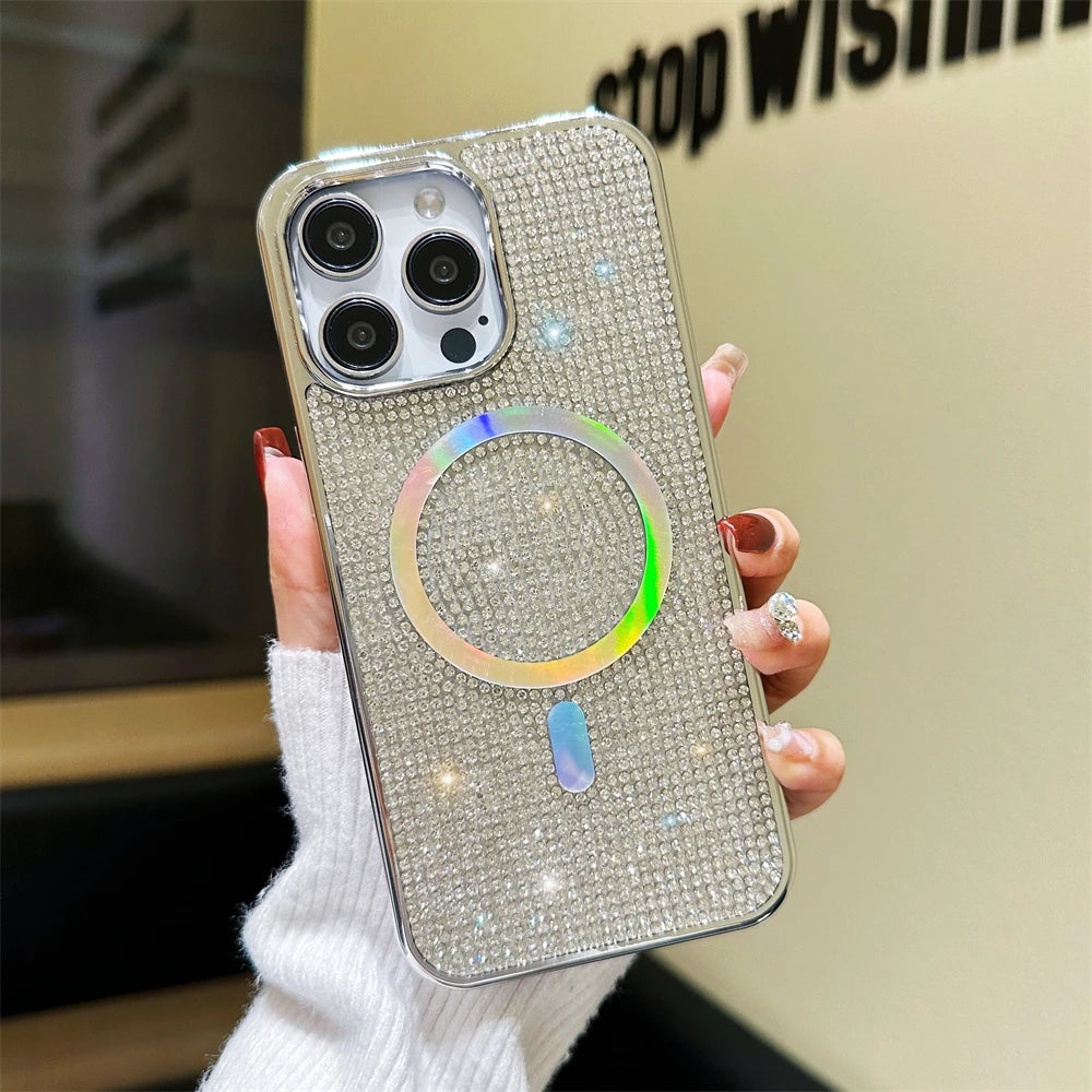 Original For Magsafe Diamond Pattern Phone Case For iPhone 17 16 15 14 12 13 11 Pro Max Plus Magnetic Bling Shiny Solid Cover