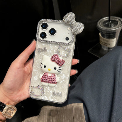 Cartoon Diamonds Pink 3D Kitty Phone Case For iPhone 17 16 15 14 13 12 11 Pro Max Bling Glitter TPU Clear Protective Back Cover