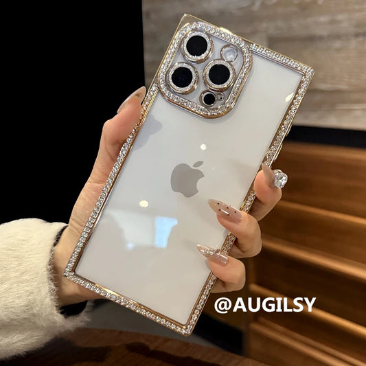Luxury Plating Diamond Rhinestone Case For iPhone 17 Air 16 Pro Max 15 14 13 Bling Glitter Square Soft Clear Shockproof Cover