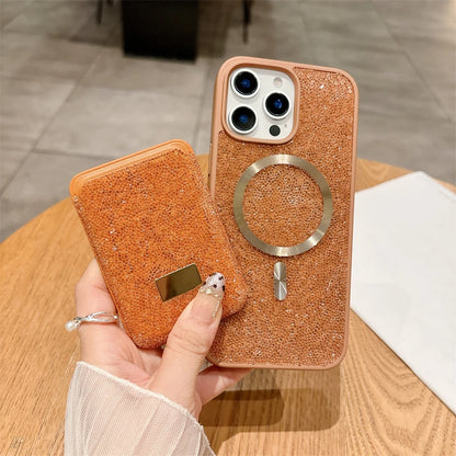 Luxury Flash Diamond Magnetic Card Case Phone Case For iPhone 17 16 15 14 13 12 Pro Max Plus Wireless Charging Shockproof Cover