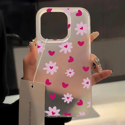 Coque de téléphone mignonne avec motif de cœur et de fleurs pour iPhone 15, iPhone 13, 16, 12, 14, 11, 17 Pro Max et 13 Mini. Protection antichoc, transparente et souple.