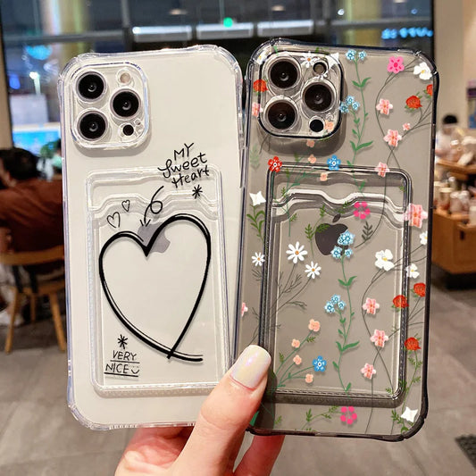 Card Holder Slot Phone Case For iPhone 13 11 16e 15 12 14 17 16 Pro MaxXR SE Aesthetic Flower Transparent Cover