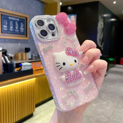 Cartoon Diamonds Pink 3D Kitty Phone Case For iPhone 17 16 15 14 13 12 11 Pro Max Bling Glitter TPU Clear Protective Back Cover