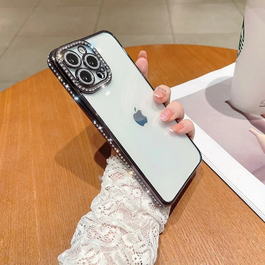 Comes With Lens Film Plating Flash Diamond Silicone Phone Case For IPhone 17 16 15 14 13 12 11 Pro Max Rhinestone Cover