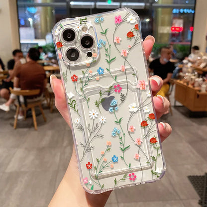 Étui souple transparent avec porte-cartes pour iPhone 13, 11, 16e, 15, 12, 14, 17, 16 Pro Max, 7 Plus, XR et SE. Motif floral esthétique.