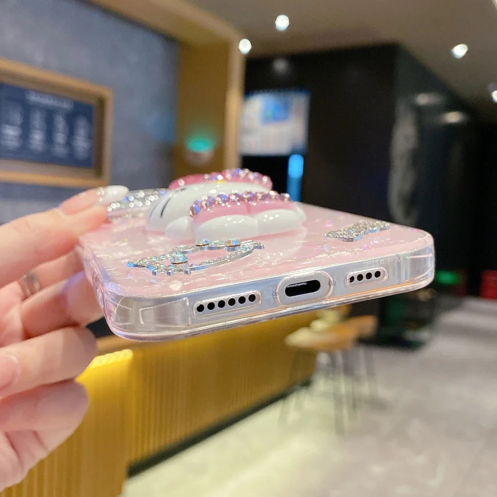 Cartoon Diamonds Pink 3D Kitty Phone Case For iPhone 17 16 15 14 13 12 11 Pro Max Bling Glitter TPU Clear Protective Back Cover