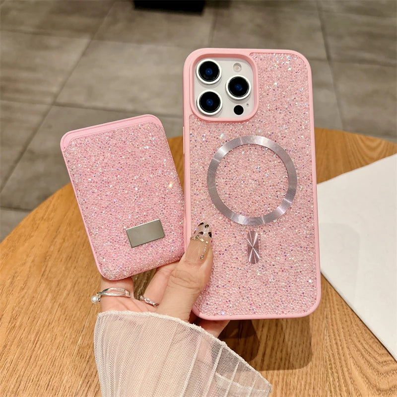 Luxury Flash Diamond Magnetic Card Case Phone Case For iPhone 17 16 15 14 13 12 Pro Max Plus Wireless Charging Shockproof Cover