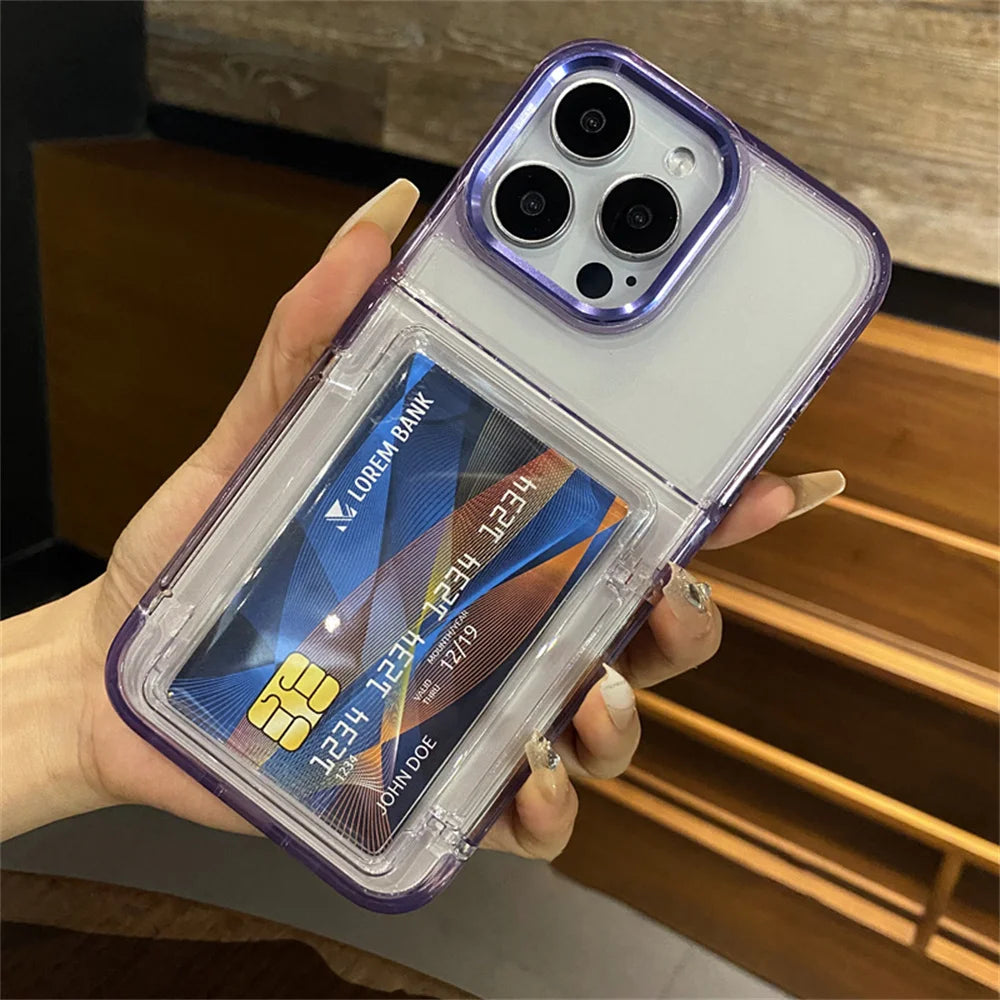 Transparent Card Slot Bag Holder Phone Case For iPhone 15 14 13 11 12 16 17 Pro Max Shockproof Protection Hard Acrylic Cover